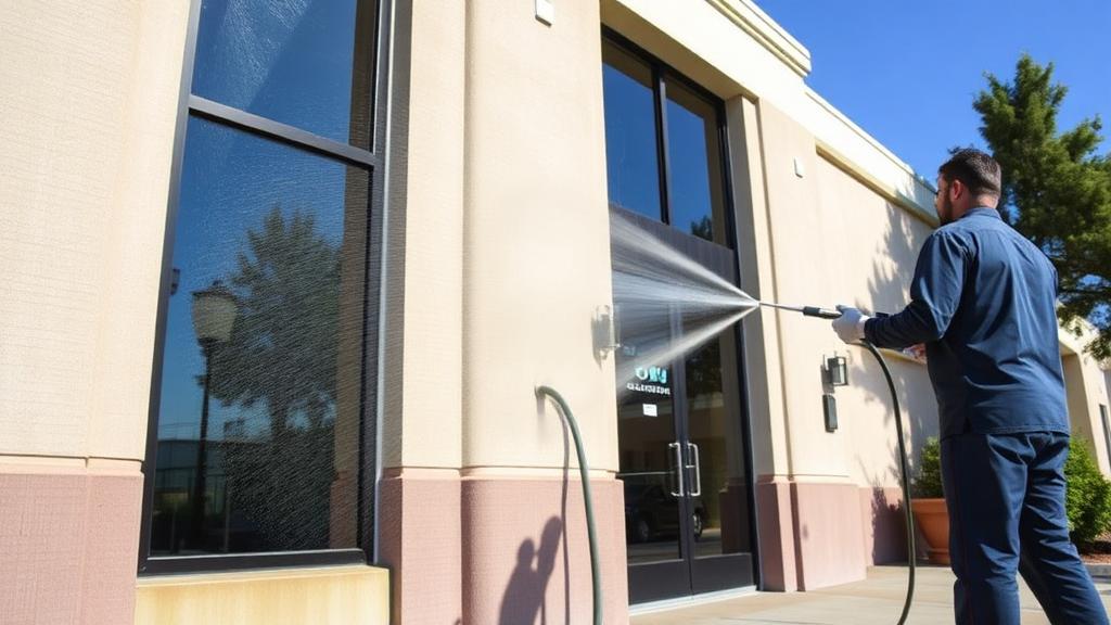 Technician pressure washing parking lot with industrial equipment