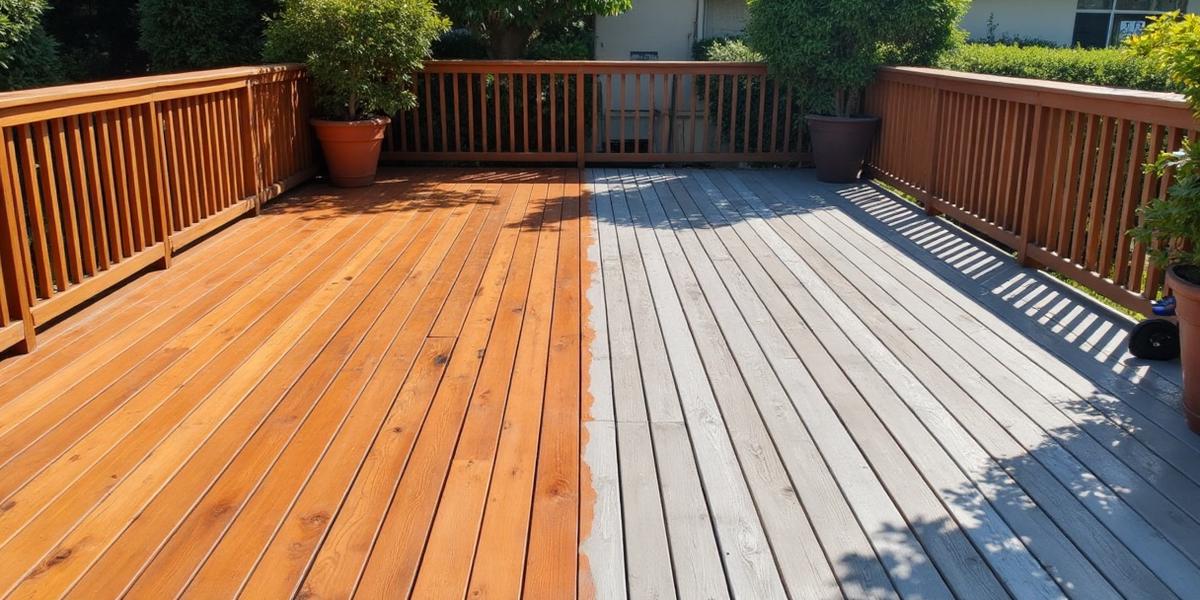 Before and after deck cleaning in Sacramento showing restored wood