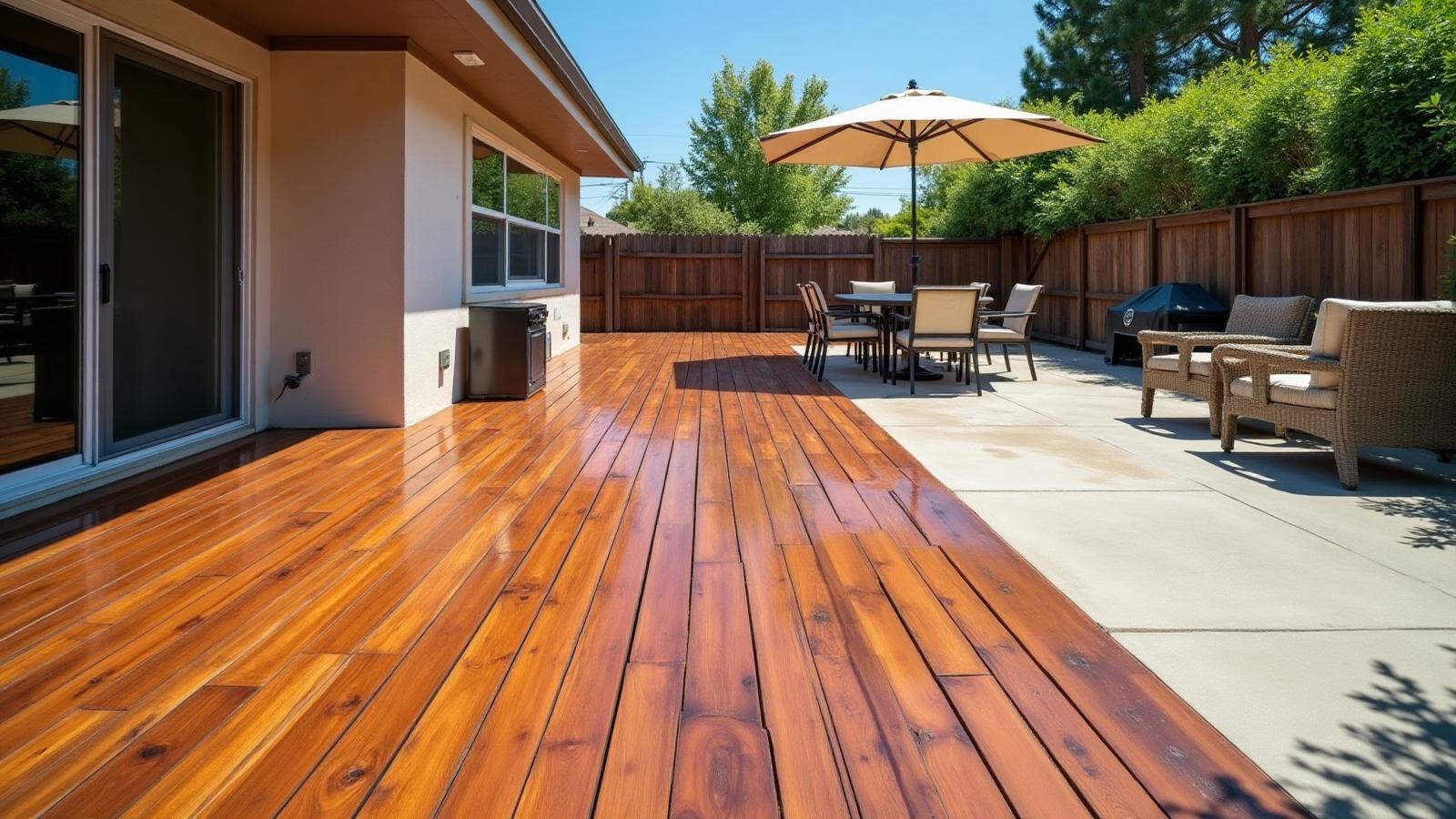 Wooden deck pressure washed and sealed to prevent rot before Sacramento rainy season