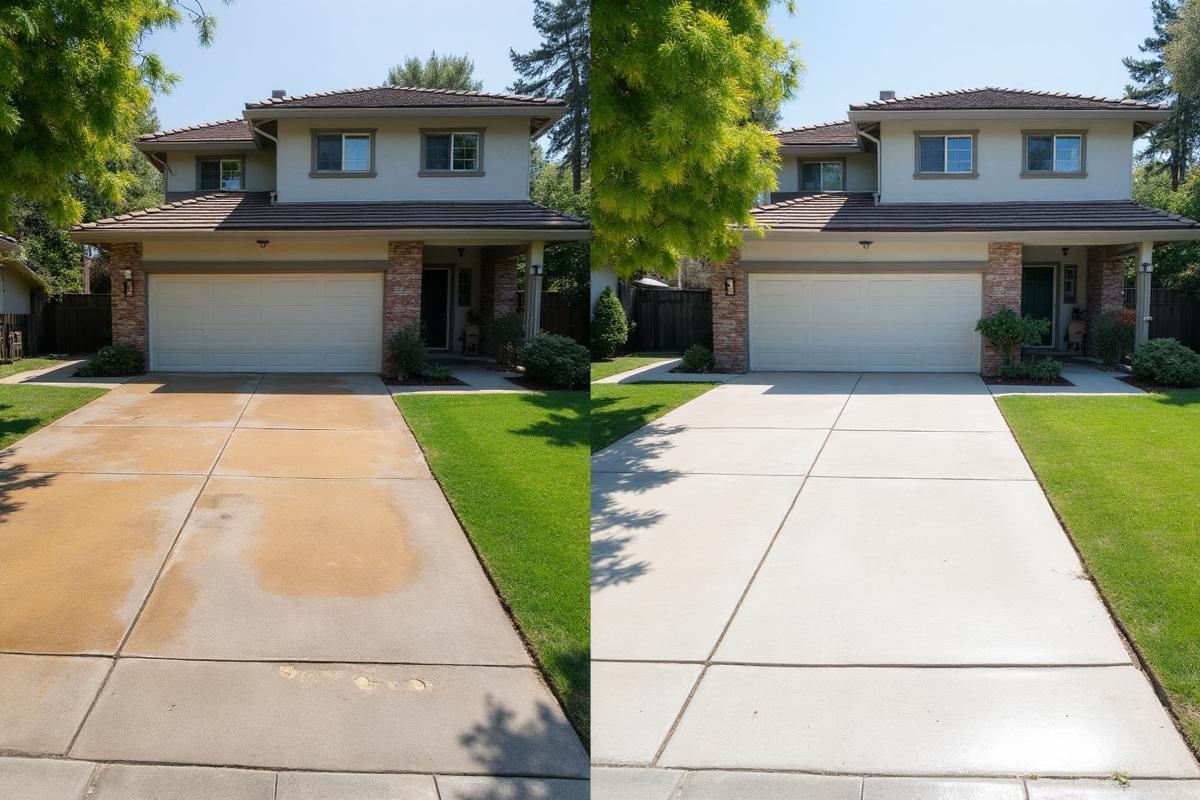 Before and after driveway pressure washing in Sacramento