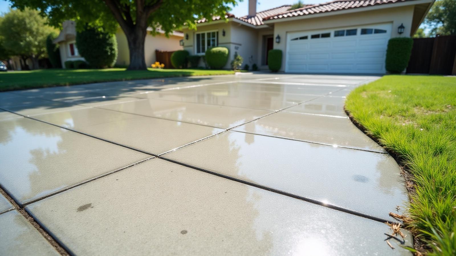 Clean concrete driveway and sidewalk after pressure washing in Sacramento