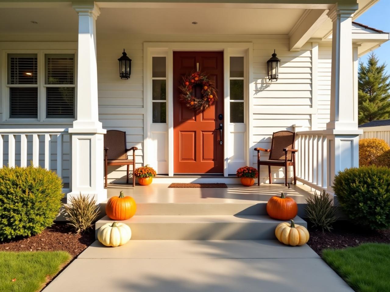 Spotless front porch with fall decorations after pressure washing