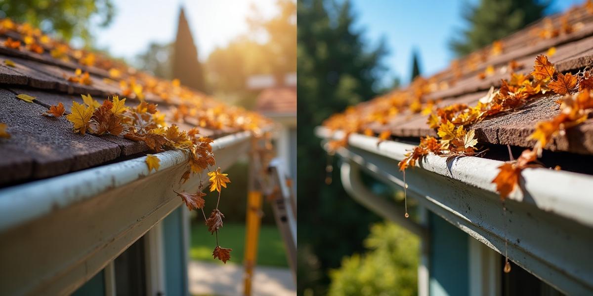 Before and after gutter cleaning in Sacramento showing clear vs clogged gutters
