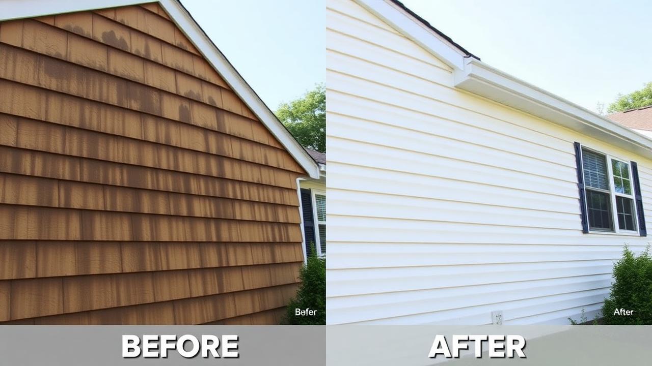 Before and after soft washing a Sacramento home exterior removing mold and mildew from siding