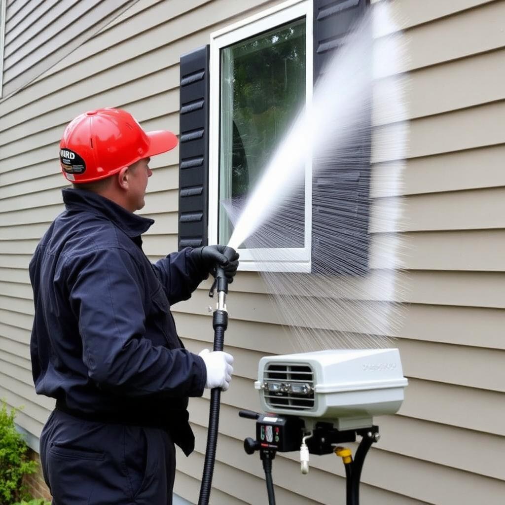 Technician applying soft-wash system to siding safely