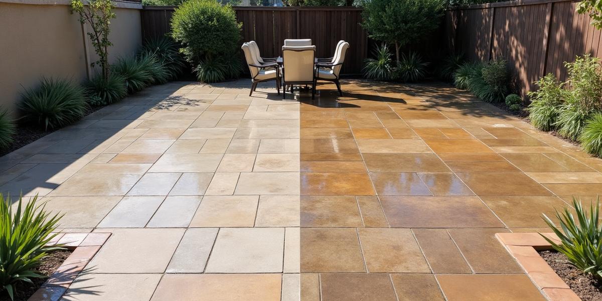 Before and after patio cleaning in Sacramento showing restored stone surfaces
