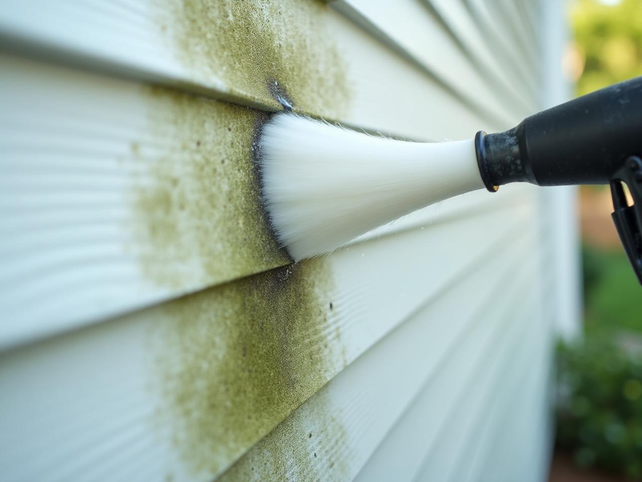 Close-up of soft washing technique removing mold from vinyl siding