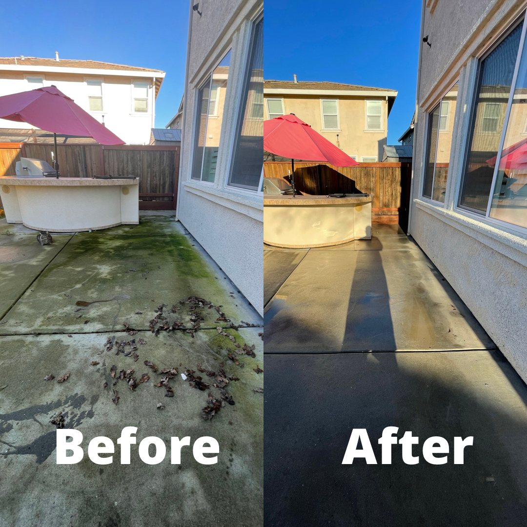 Before and after patio cleaning with hot tub
