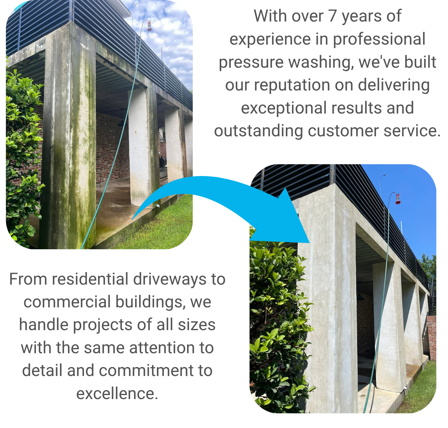 Before and after pressure washing results showing dramatic cleaning transformation